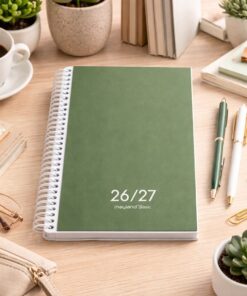 Studie dagkalender 2026 2027 på skrivebord med kaffe, notesbøger og kontorartikler til planlægning af hverdag og studie
