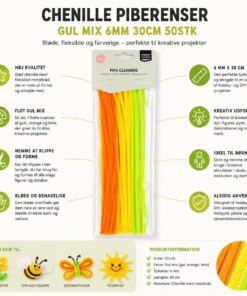 Chenille piberenser gul mix 6mm 30cm 50stk infografik med kreative hobbyidéer og produktinformation