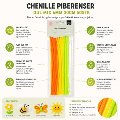 Chenille piberenser gul mix 6mm 30cm 50stk infografik med kreative hobbyidéer og produktinformation