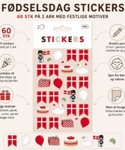Fødselsdag stickers 60 stk på 2 ark med flag, balloner, gaver, svane og lagkage motiver til børnefødselsdag