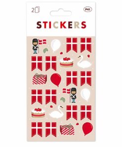 Packshot af fødselsdag stickers med 60 stk på 2 ark med Dannebrogsflag, balloner, gaver og lagkage