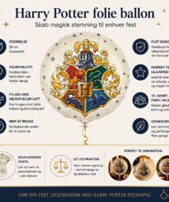 Harry Potter folie ballon rund 28 cm infografik med Hogwarts våbenskjold og produktinformation