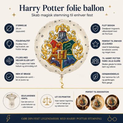 Harry Potter folie ballon rund 28 cm infografik med Hogwarts våbenskjold og produktinformation