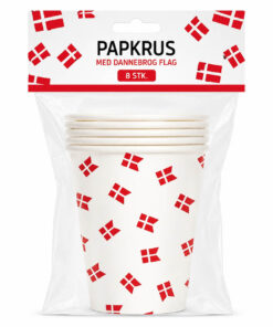 Packshot af papkrus med Dannebrog flag 8 stk i emballage til fødselsdag og dansk fest