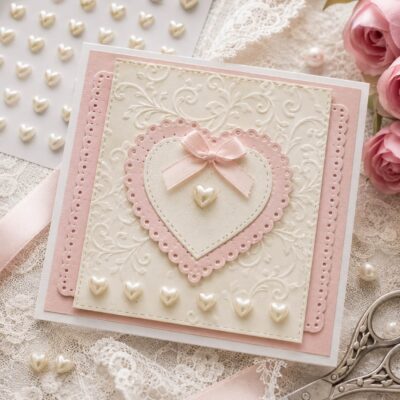 Håndlavet romantisk kort dekoreret med selvklæbende halvperler hjerter i elfenbenshvid farve. Perfekt inspiration til kortfremstilling, scrapbooking og kreative hobbyprojekter.