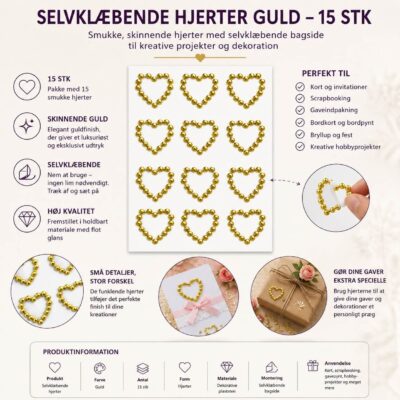 Infografik med selvklæbende hjerter i guld 15 stk til scrapbooking, kortfremstilling, gaveindpakning, bordkort og kreative hobbyprojekter.