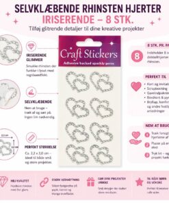 Infografik med selvklæbende rhinsten hjerter iriserende 8 stk til scrapbooking, kortfremstilling, invitationer og kreative hobbyprojekter