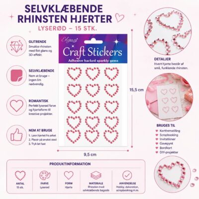Selvklæbende rhinsten hjerter lyserød 15 stk infografik med produktinformation, anvendelse, detaljer og mål til scrapbooking, kortfremstilling og hobbyprojekter.